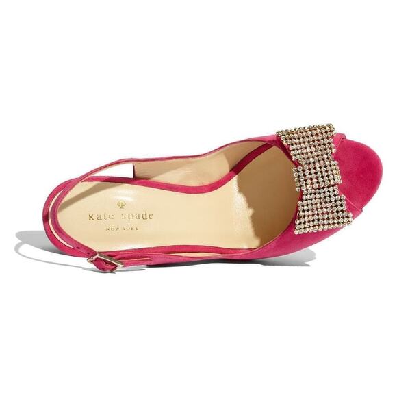 Kate Spade Crown Heels Fuchsia Suede w/ Crystal Bow Pink 8.5 B In Box/Bag $398 - Picture 9 of 12